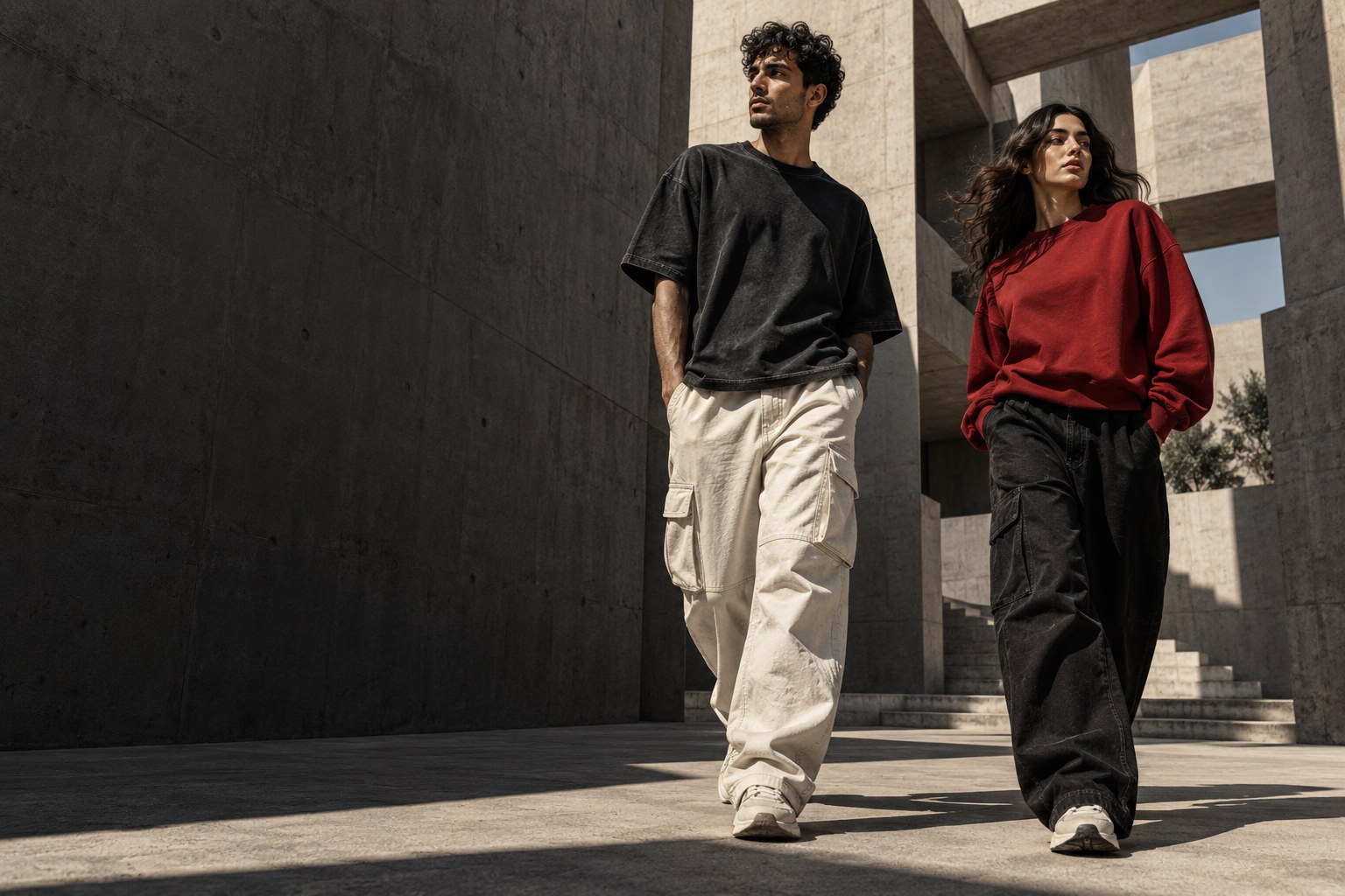 Two models wearing relaxed black and red streetwear in a concrete courtyard